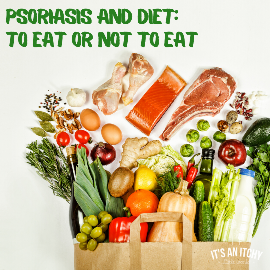 Grocery bag of colorful food - psoriasis and diet